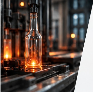 Botella de vidrio con brillo naranja en planta industrial